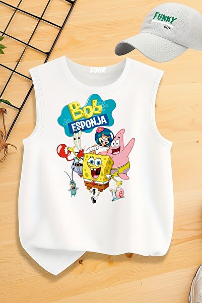 SOHR SUNGER BOB ÇİZGİ FİLM KARAKTER BASKILI KOLSUZ ÇOCUK TİŞÖRT