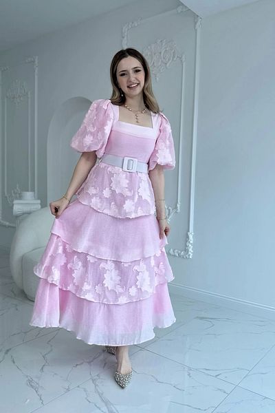 HELİS BUTİK Balloon Sleeve Layered Square Neck Princess Pink Dress