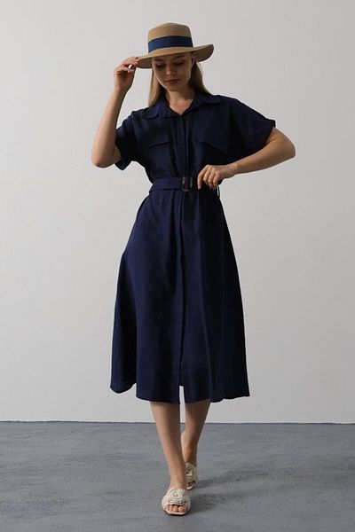 MRA Fashion Belted Pocket Detailed Half Sleeve Dress - Navy Blue