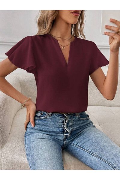 REKA MODA Women's Short Sleeve Butterfly Sleeve V Neck Sandy Blouse