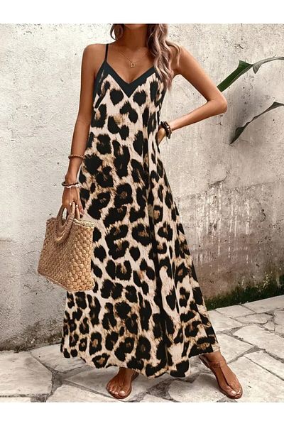 Modayakamoz Women's Wide V-Neck Leopard Print Single Jersey Dress with Rope Strap