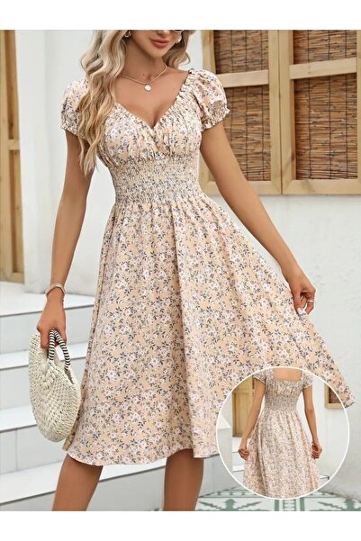 buğrahayalin Women's short sleeve Double-Breasted neck elastic waist cinched flower pattern supreme dress