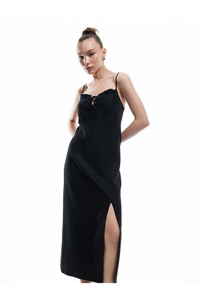 Koton New Season Ruffled Slit Detailed Volume Slim Fit Linen Viscose Blend
