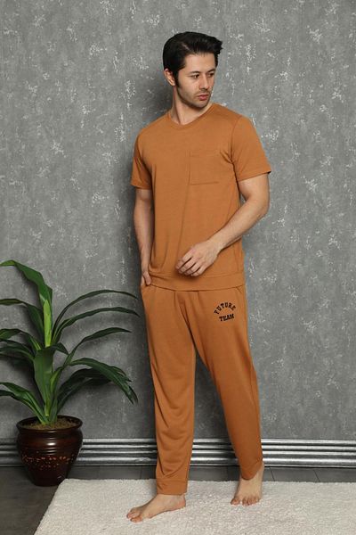 SENFONİ Ibiza Symphony Men's Crew Neck Short Sleeve Brown Pajama Set 5849 - 1 Piece