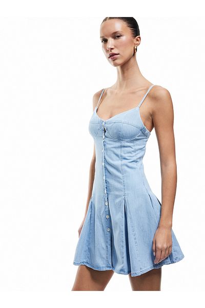 Koton Nou sezon Koton X Sibil Çetinkaya - Mini denim pliat cu nasturi și curea cu șnur