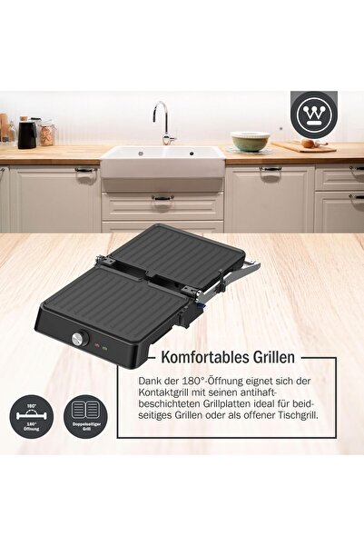 White Westinghouse Westinghouse USA Retro Series Contact Grill – 290 x 240mm – Black | 2200W Power, 180° Opening,