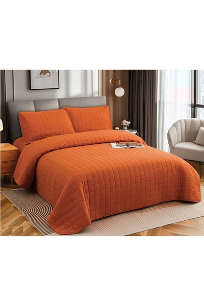CHIRASO CHIRASO 4-piece Duvet Set, with Elastic Bed Cover, Cotton with Linen, UNI, dark orange