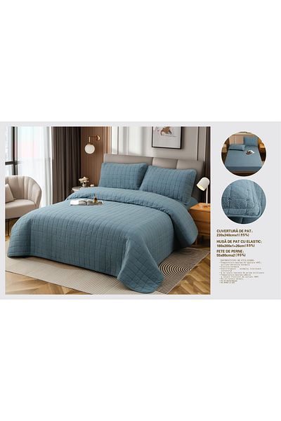 CHIRASO CHIRASO 4-piece Duvet Set, with Elastic Bed Cover, Cotton with Linen, UNI, dusty blue