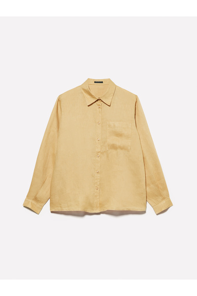 Sisley Women's Paper Bag 100% Linen Buttoned Long Sleeve Shirt with Chest Pocket
