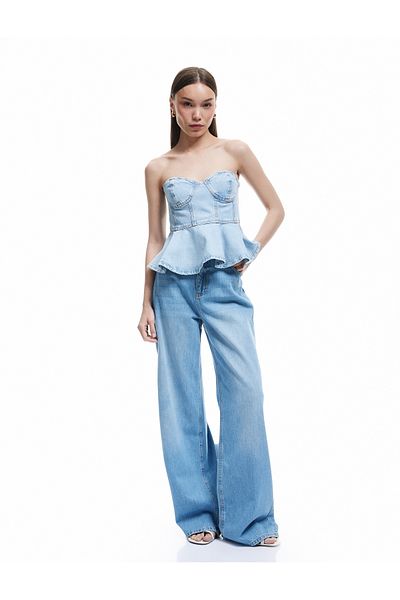 Koton Bluză din denim slim din bumbac, fără mâneci, cu decolteu în formă de inimă