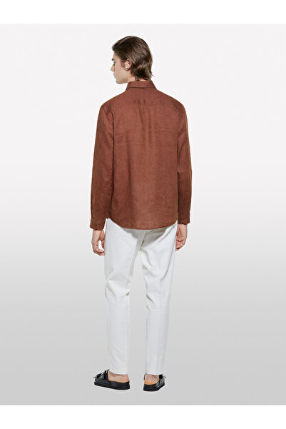 Sisley Ανδρικό πουκάμισο καφέ 100% λινό κανονική εφαρμογή