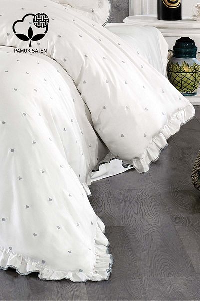 Nazik Home Amore Heart Embroidered Cotton Satin Single 4 Piece Duvet Cover Set