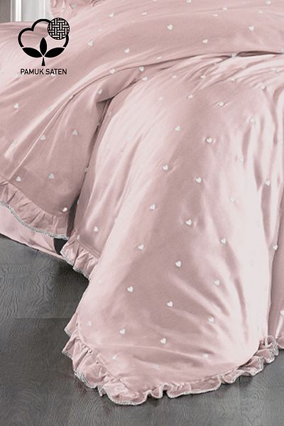 Nazik Home Amore Heart Embroidered Cotton Satin Single 4 Piece Duvet Cover Set