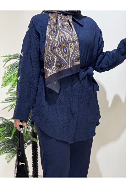 Aynaz Women's Hijab Navy Blue Color Gathered Double Shirt Suit