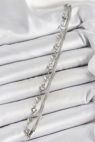 Clariss 316L Steel Silver Color Heart Chain and Italian Chain 2-Piece Women's Bracelet