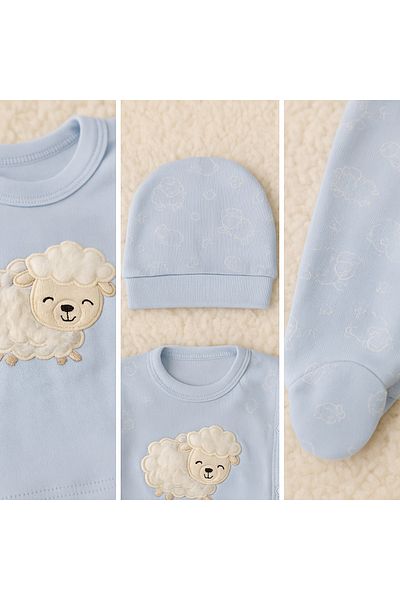 MYZİ STORE 100% Cotton 3-Piece Hospital Release 0-3 Months Booties Bottom Long Sleeve Self-Gloves Top Eared Hat
