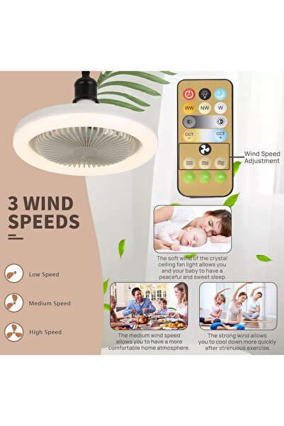 Generic Ventilator de tavan cu lumină, telecomandă, 3 viteze, 25 cm, alb