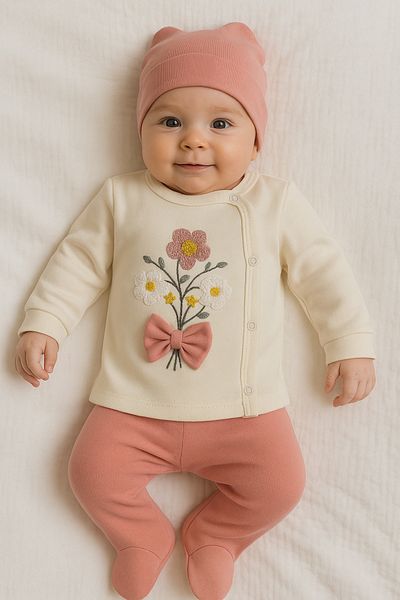 MYZİ STORE 100% Cotton 3-Piece Hospital Release 0-3 Months Booties Bottom Long Sleeve Self-Gloves Top Eared Hat