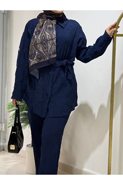 Aynaz Women's Hijab Navy Blue Color Gathered Double Shirt Suit