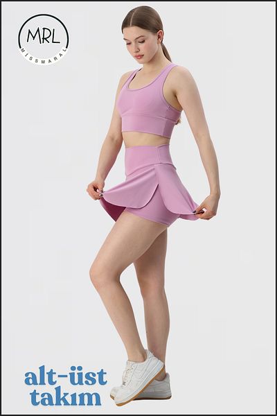 missmaral Set sport pentru femei Pantaloni scurți liliac Fusta și set de sutien crop cu suport pentru tenis Mare Piscina Sporturi active