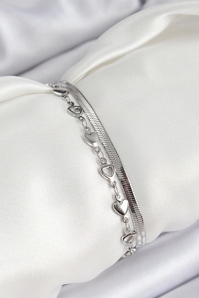 Clariss 316L Steel Silver Color Heart Chain and Italian Chain 2-Piece Women's Bracelet