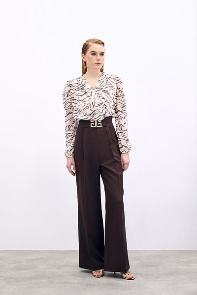 Sateen Wide Leg Trousers with Waist Accessories - Brown