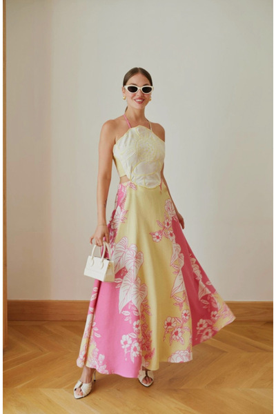 BRTC design Women's Premium Multicolor Back Low-Cut Detailed Floral Patterned Linen Maxi Dress