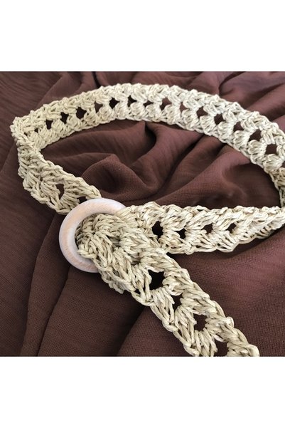 By G Tasarım Straw Color Paper String Knitted Wooden Buckle Belt (130 cm)