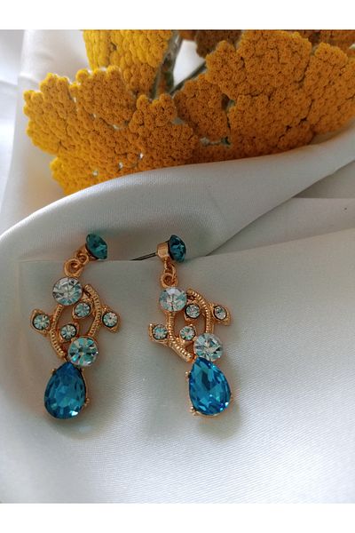 Pervin Ablacım Evening Dress Earrings with Turquoise Colored Drop Stones Gold Dangle