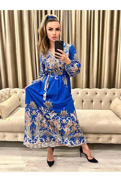 Intisimo Rochie de damă, lungă, cu șnur în talie, motive orientale, albastră
