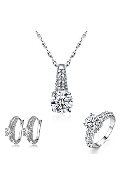 Tessero Women's jewelry set, necklace with pendant, earrings and ring, zirconia stones, 18K white gold plated, a