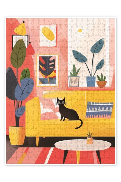Jeronkarji Pastel tonlarda siyah boho kedi 500 Parça Puzzle Yapboz Kedi Köpek...