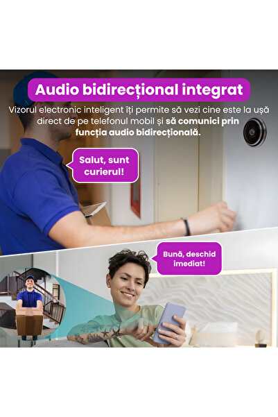 Spionescu Vizualizator inteligent de ușă cu cameră video 1080P, WiFi 2.4G, detectare mișcare, audio bidirecțional