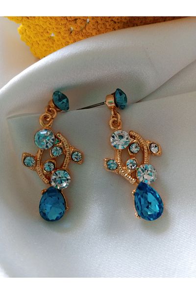 Pervin Ablacım Evening Dress Earrings with Turquoise Colored Drop Stones Gold Dangle