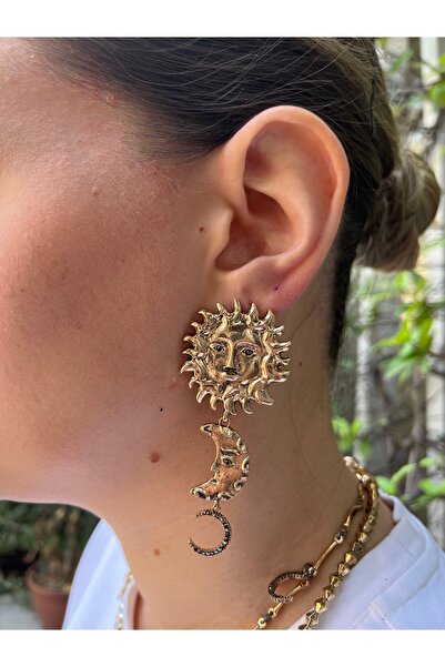 MODA Güneş Ay Hilal Figürlü Sallantılı Büyük Kadın Küpe – Bohem Tasarım