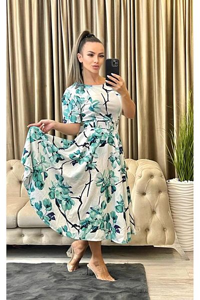 Intisimo Rochie de damă, lungime trei sferturi, model floral, curea, alb/turcoaz