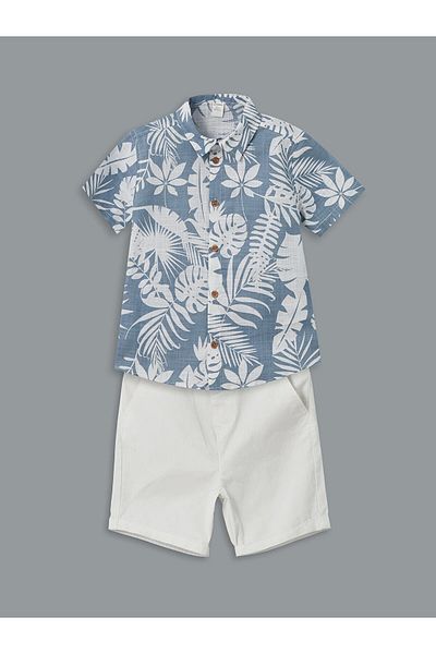 LC Waikiki Lcw Kids Indigo Printed Viscose Boys' Shirt and Shorts 2-Pack