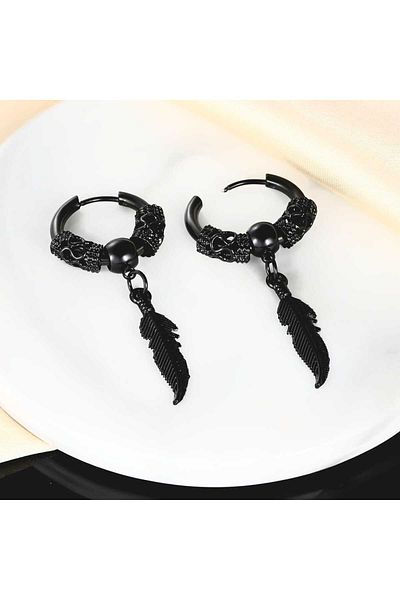 sarıyer silver Black Colored Steel Hoop Earrings with Feather Figure Lucky Motif Stylish Style Bulk Dragon Embroidered Earrings