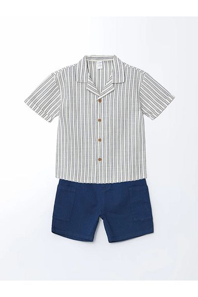LC Waikiki Lcw Kids Beige Striped Boys' Shirt and Shorts 2-Pack