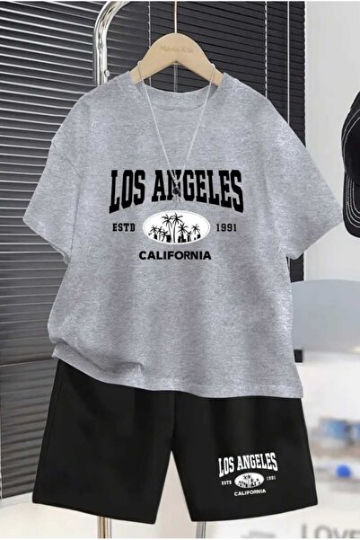 Renna Mood Boy's Grey-Black Los Angeles 1991 Printed Shorts-Tshirt Set
