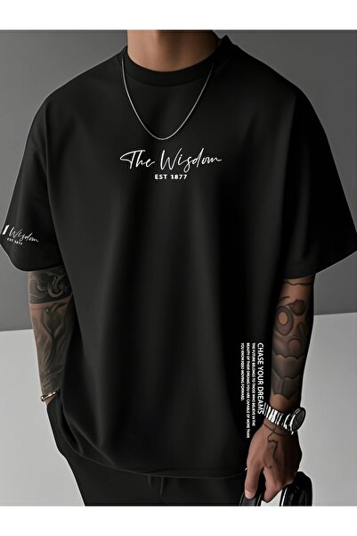 qubo sportswear & company qubo Unisex Oversize Baskılı Pamuklu Bisiklet Yaka Kısa Kollu SİYAH T-shirt