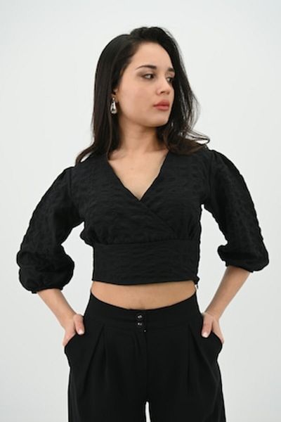ADROM - Bluză casual, mânecă trei sferturi, model crop top, Negru, L
