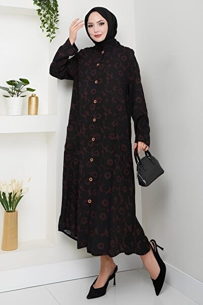 Bozkurt Düğme Detaylı Cepli Dokuma Viskon Uzun Tunik