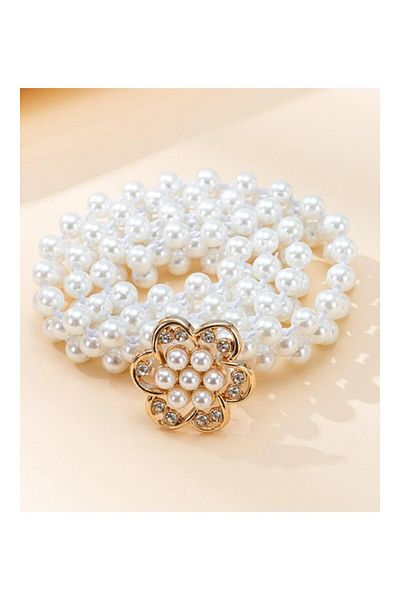 OBRO Curea de dama pentru talie, eleganta, elastica, ajustabila, din perle, catarama floare, 70-95 cm