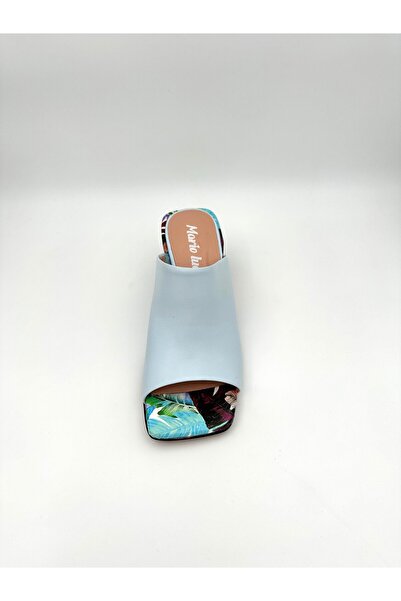 Mariolucci Kadın Topuklu Terlik Lastikli Hakiki Bebe Mavisi (Çiçek Baskı) Deri