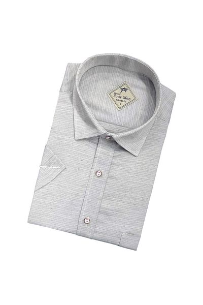 GÖMLEK GALERİSİ Men's Classic Relaxed Fit Pocket Plain Linen Short Sleeve Shirt