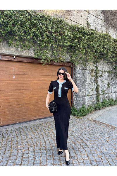 Lusin Rochie de damă neagră elegantă din denim cu mânecă scurtă cu nasturi