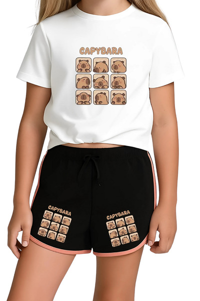 MECH BUTİK Tricou alb cu imprimeu CapyBara Pantaloni scurți negri Set de sus ...