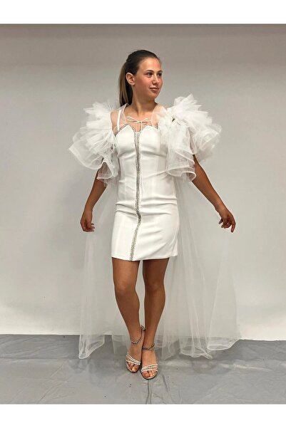 Erkut Κοριτσίστικο Κρεμ Χρώμα Κρεπ Ύφασμα Τούλι Μανδύα Λεπτομερές κοντό βραδινό φόρεμα