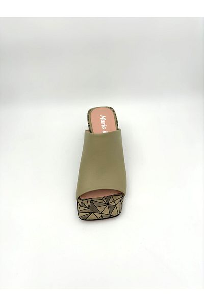 Mariolucci Women's Heeled Slippers Elastic Genuine Khaki (Print) Leather